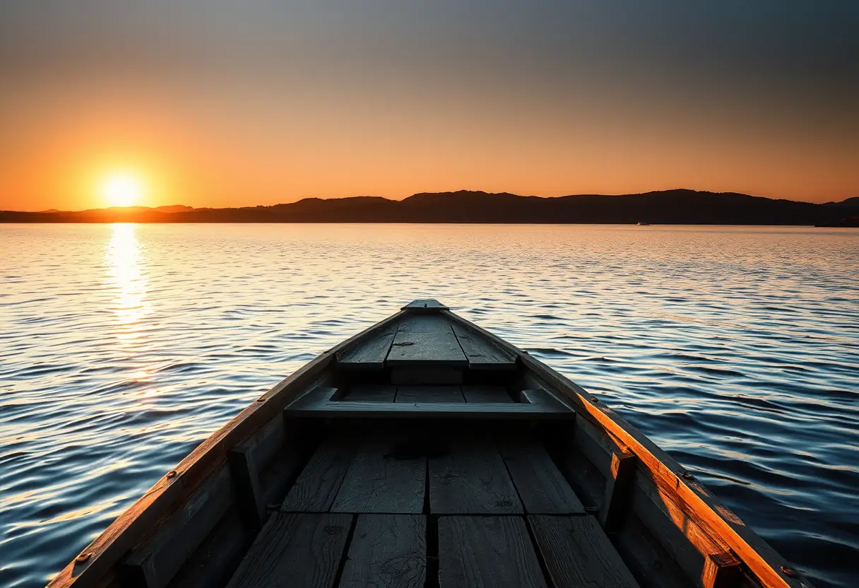 Un bateau de bois flottant sur un lac calme au crépuscule
