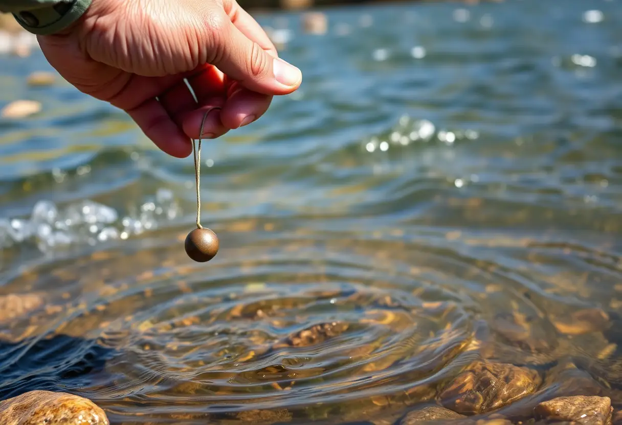 Main de pêcheur lâchant un plomb rond dans la rivière
