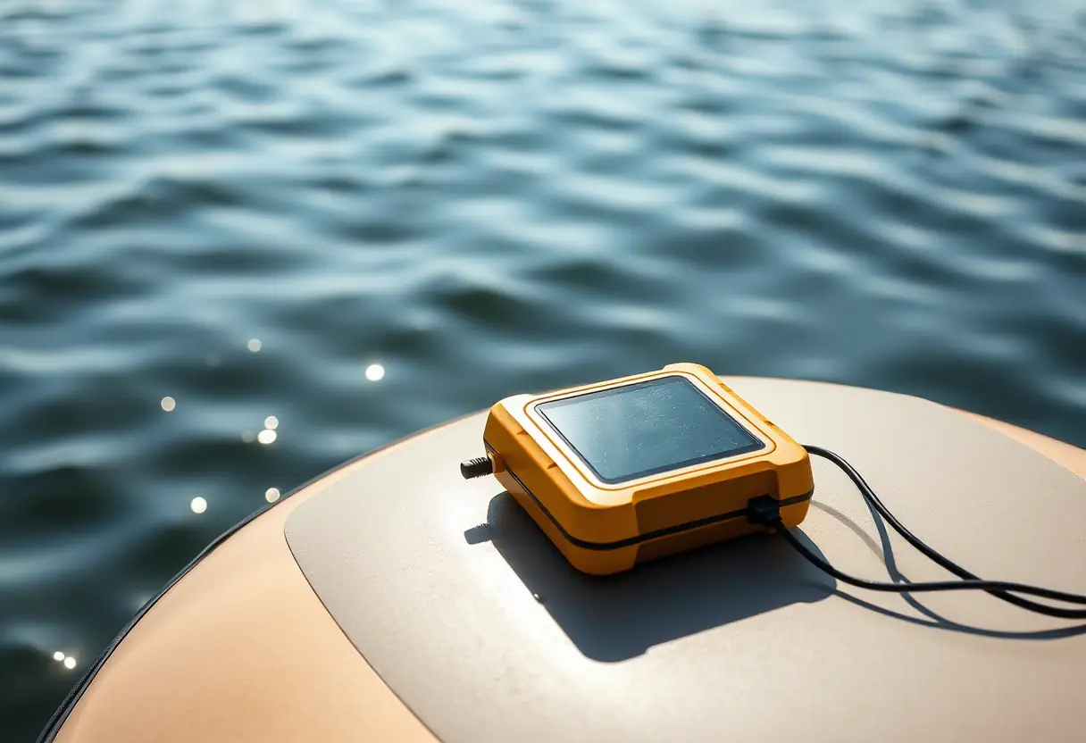 Un chargeur de batteries étanche posé sur le flotteur d'un pêcheur