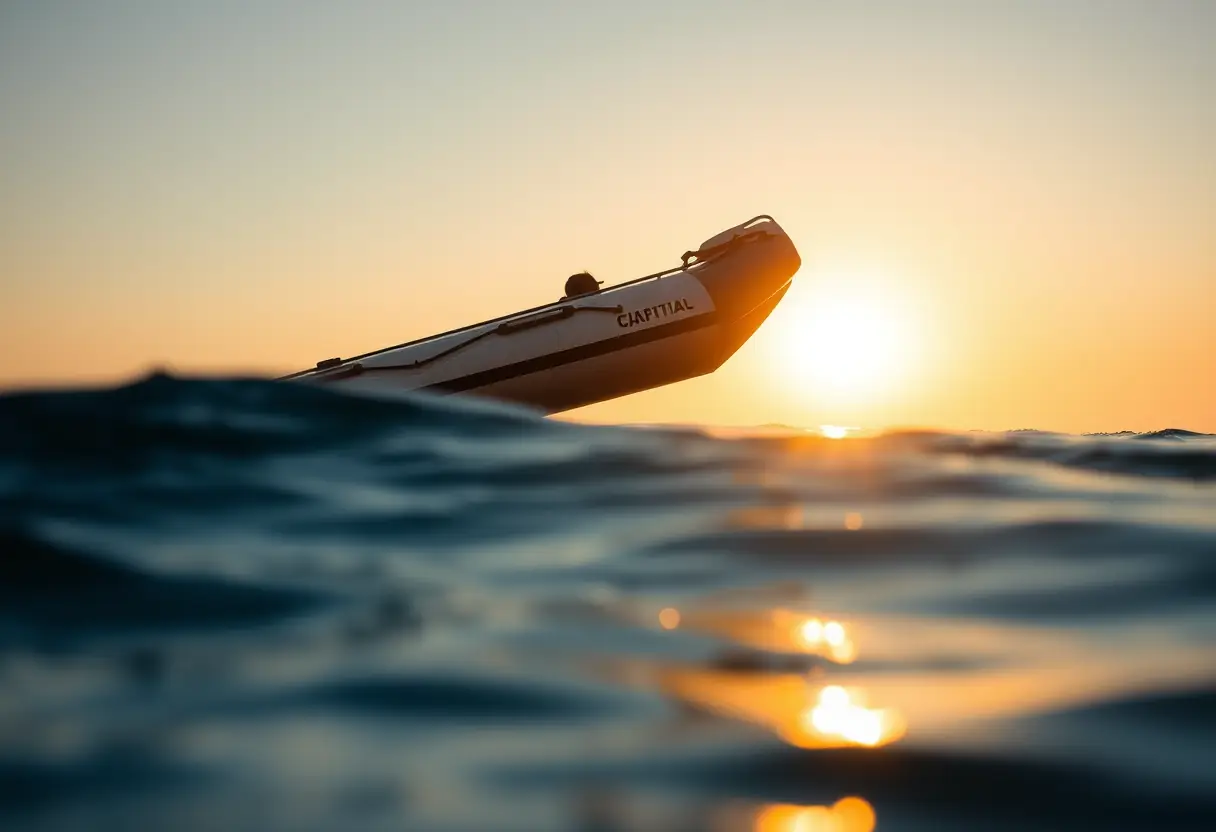 Un float tube sur mer avec un petit moteur électrique au coucher du soleil