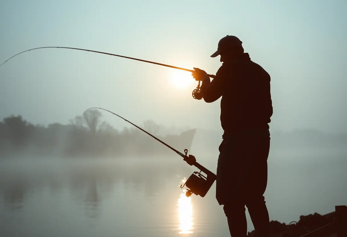 Un pêcheur lance sa ligne au lever du soleil sur une rivière calme et voilée de brume