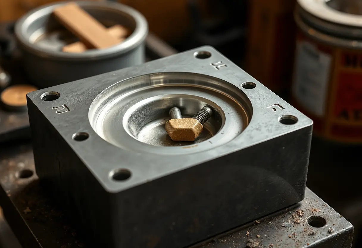 Vue rapprochée d'une moule en métal sur un bureau, mettant en valeur sa conception complexe
