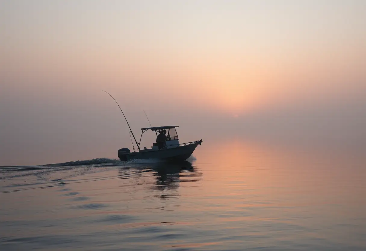 Un bateau de pêche glisse sur un lac au lever du soleil, la pêche commence