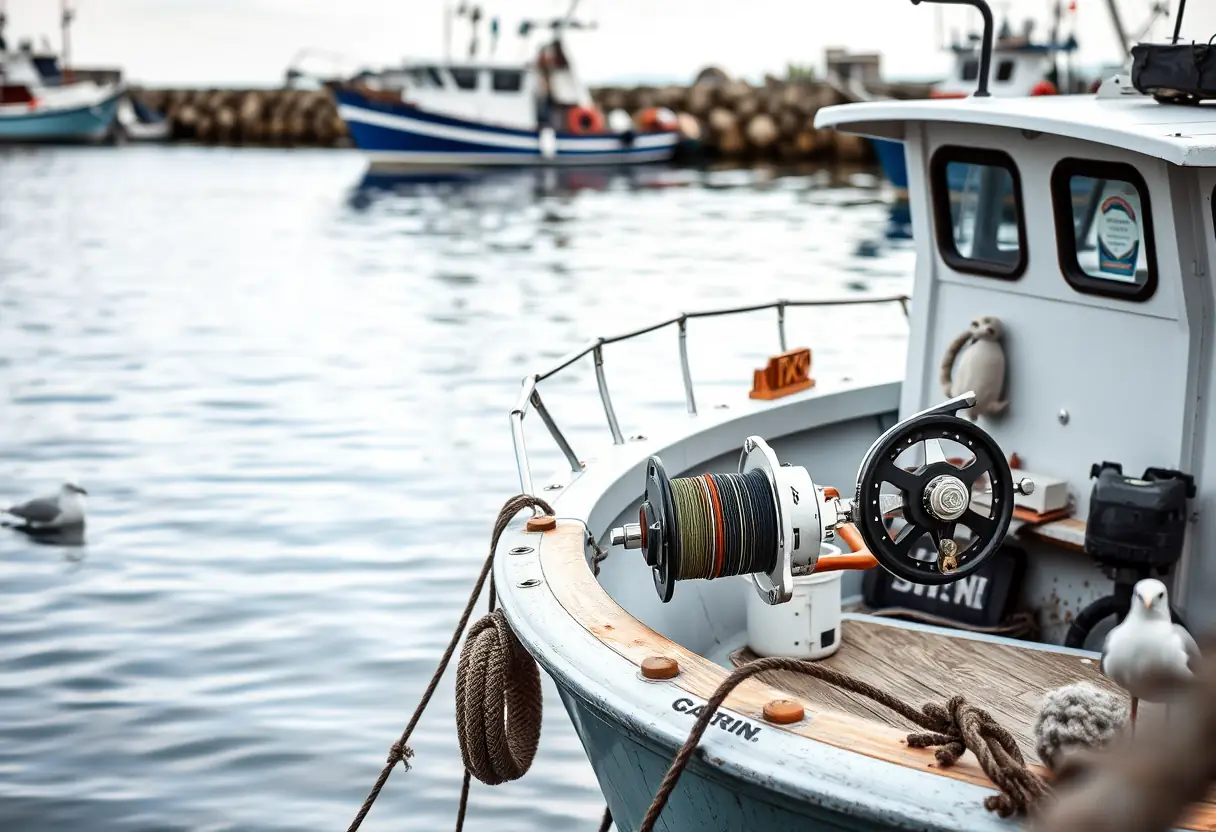 Un bateau de pêche berce doucement dans le port, prêt à partir à la découverte des poissons.