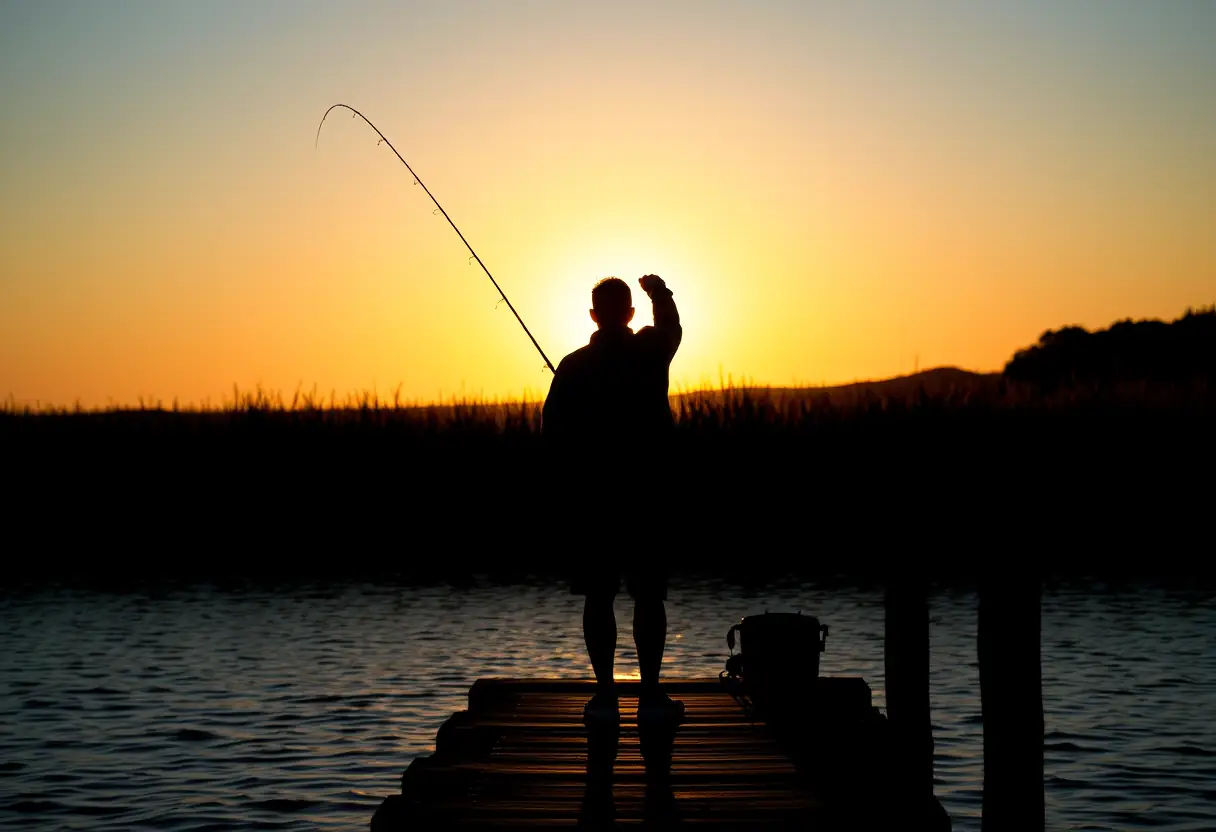 Un pêcheur en silhouette sur un quai de bois, prête à lancer sa canne au coucher du soleil