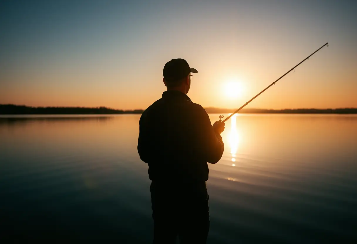 Un silhouetté pêche sur un lac tranquille au coucher du soleil