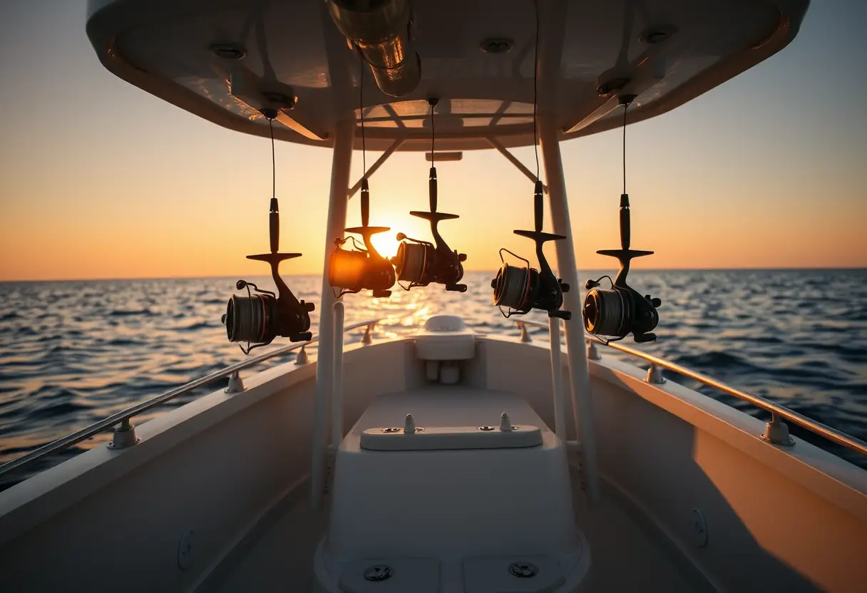 Un bateau de pêche avec ses moulinets à spin accrochés à l'arrière, coucher de soleil.