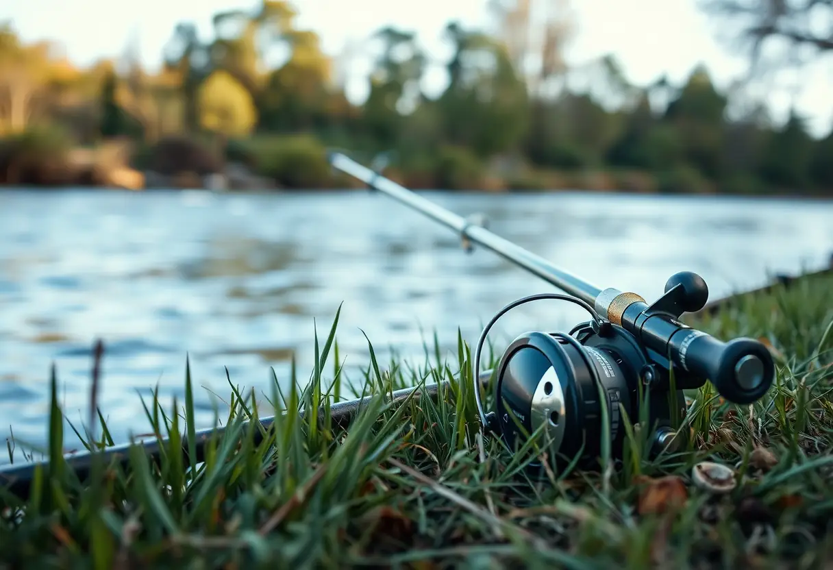 Moulinet partiellement caché sous une canne de pêche à la truite près d'une rivière
