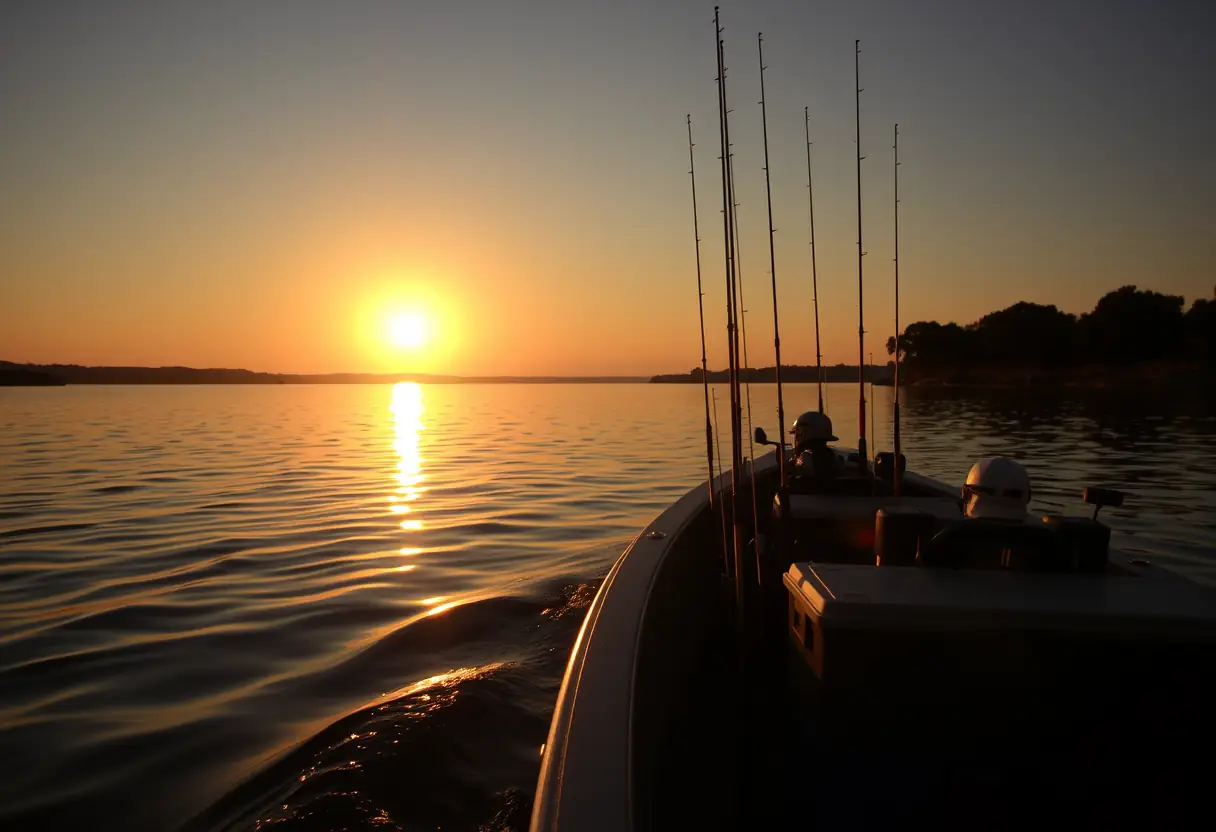 Un bateau sur un lac calme avec des boîtes à outils pleines de matériel de pêche