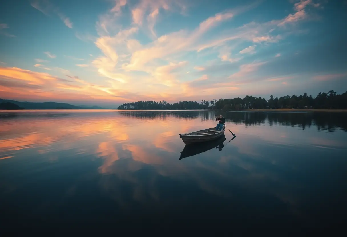 Un bateau de pêche sur un lac calme au crépuscule