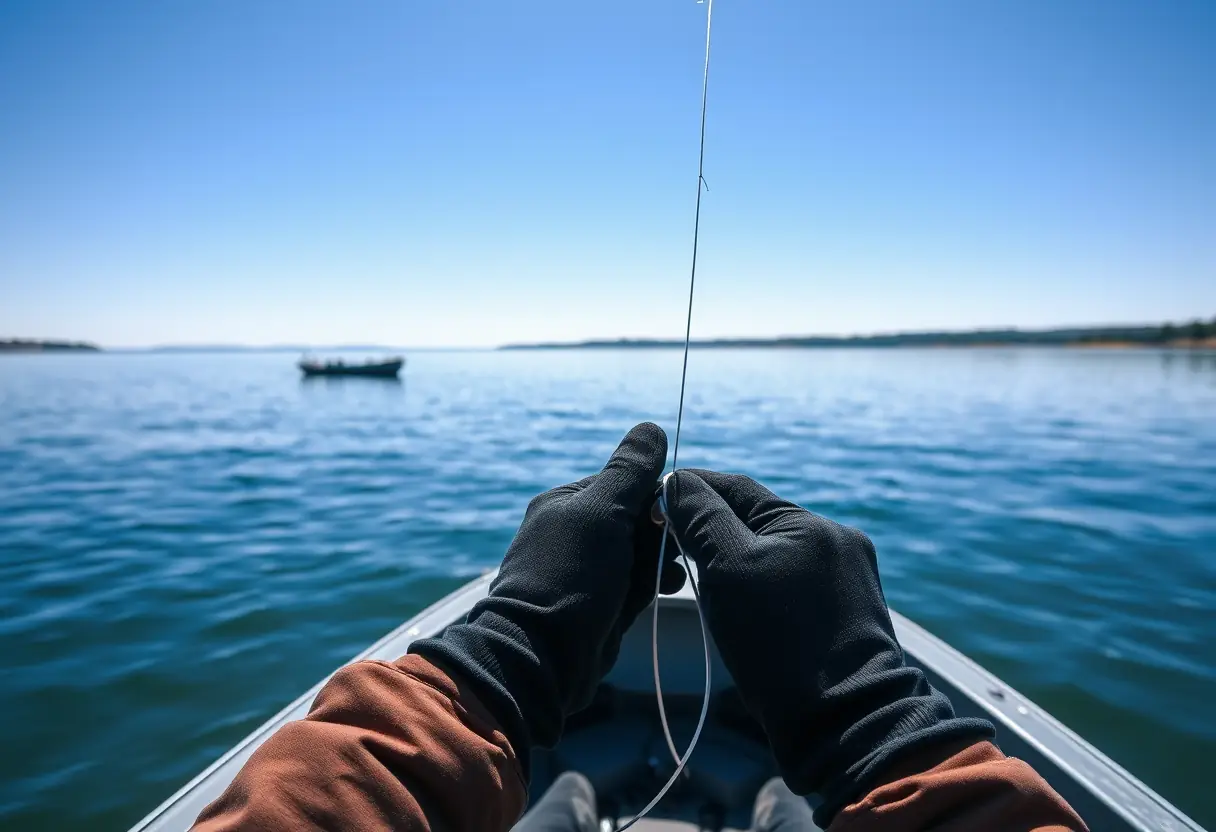Un pêcheur préparant son montage sur un lac calme.