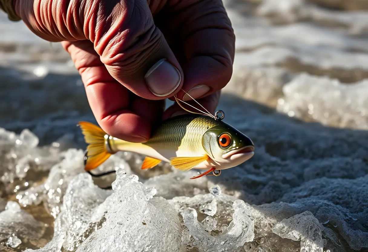 Une main de pêcheur passant un hameçon à travers un leurre artificiel sur la rive.