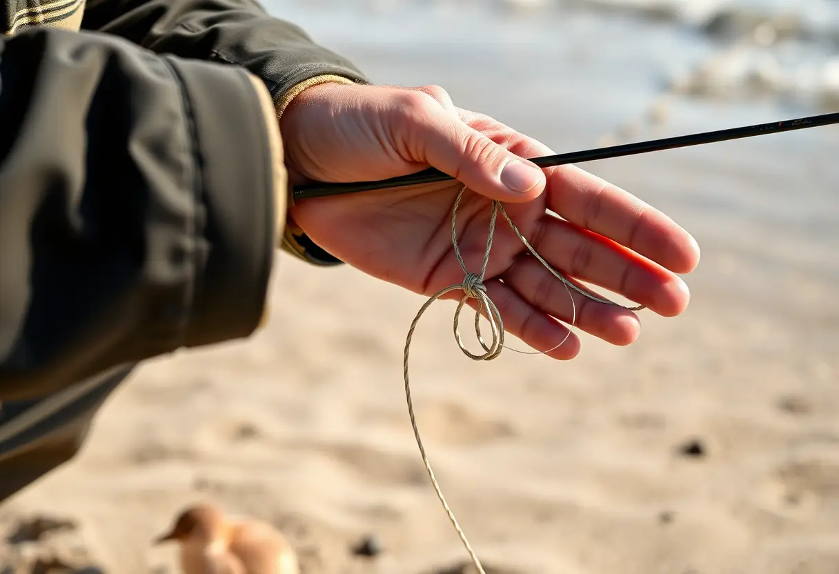 Une démonstration de nœud sur une plage sableuse par un pêcheur à la mouche