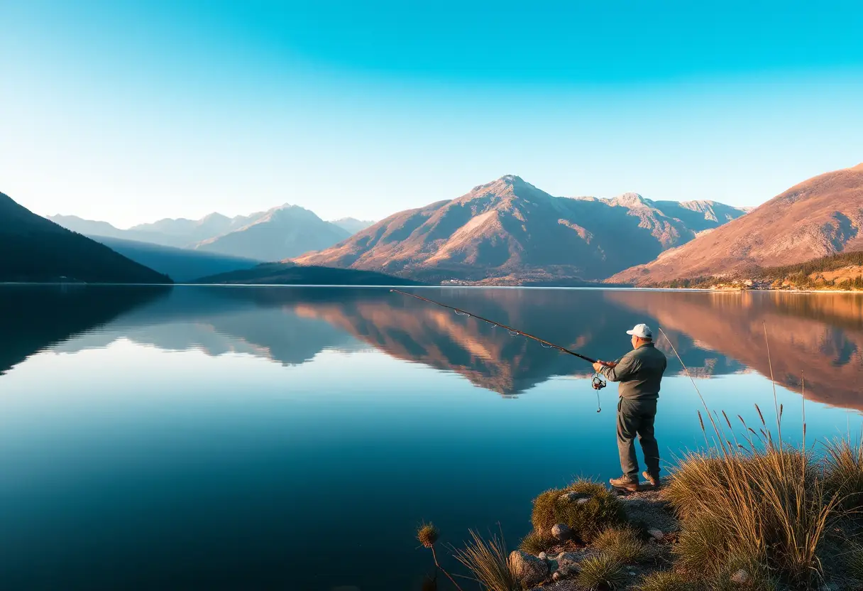 Un pêcheur jette sa ligne dans un lac serein entouré de pics montagneux, reflétés par les eaux calmes, baignées par la lumière du matin