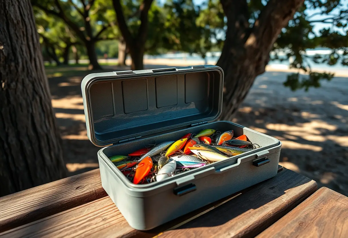 Une boîte à appâts remplie de leurres colorés sur un banc de bois près de la plage. (fishing magazine)