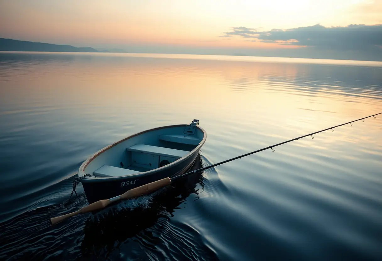 Une barque sur un lac calme à l'aube avec une canne de pêche posée à côté