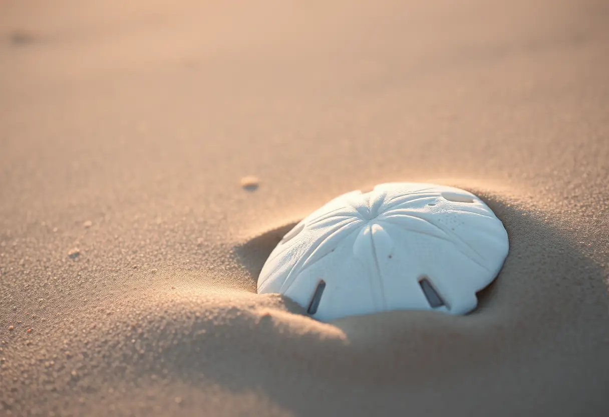 Un dollar de mer partiellement enfoui dans le sable près de la zone de pêche interdite