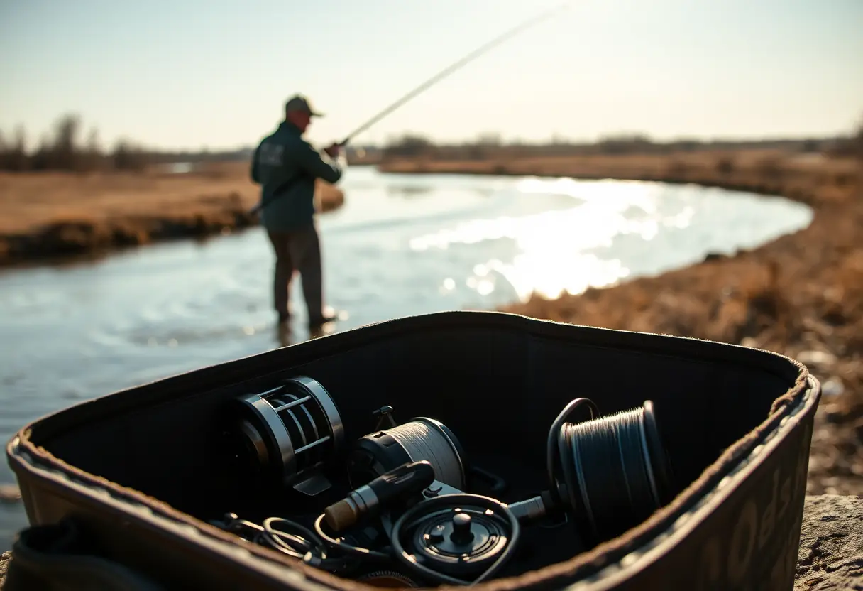 Un pêcheur lançant son feeder dans une rivière, avec une boîte à outils ouverte en premier plan