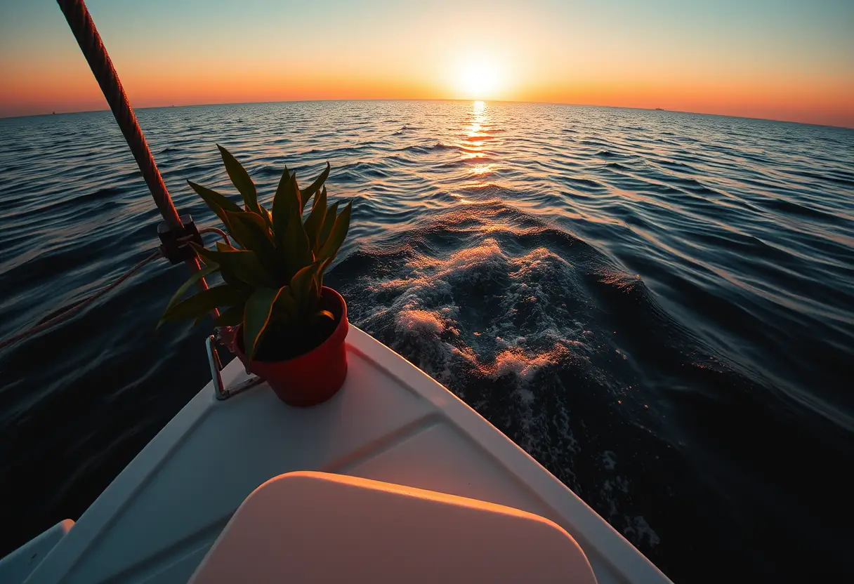 Un bateau sur l'océan avec une plante potée sur le pont, éclairé par le soleil couchant