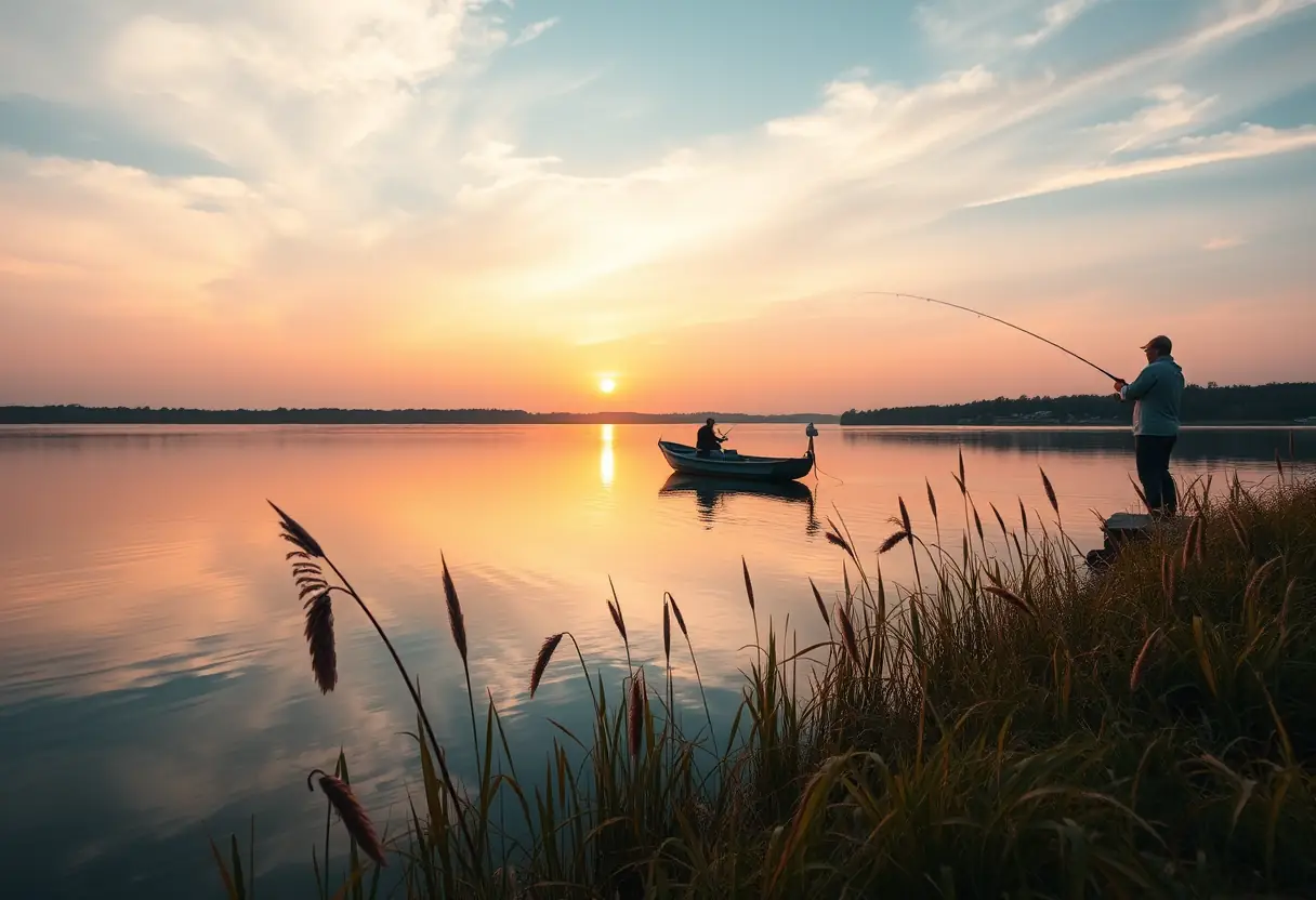 Un lac au crépuscule avec un pêcheur lançant un leurre