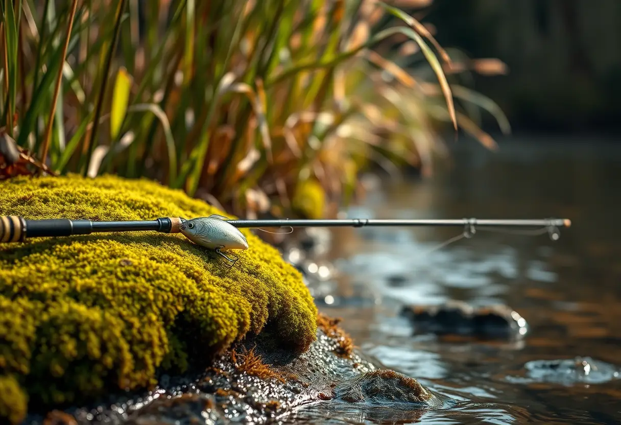 Une canne à pêche avec appât vivant repose sur un bord de rivière
