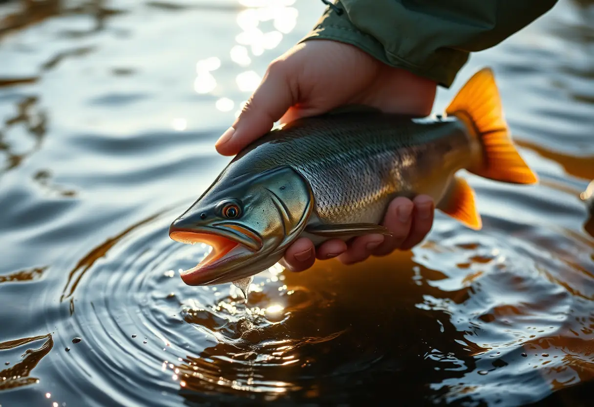 Une main libère délicatement un silure dans la rivière