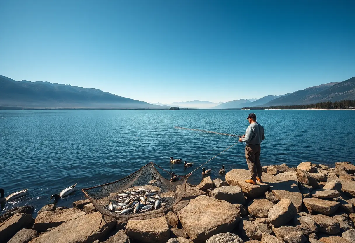 Un pêcheur sur la rive d'un lac, entouré de rochers et de canards, avec son filet rempli de poissons