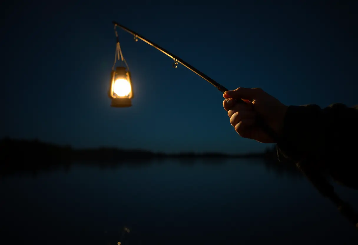 Une main de pêcheur tenant une canne à pêche nocturne sous la lumière douce d'une lanterne