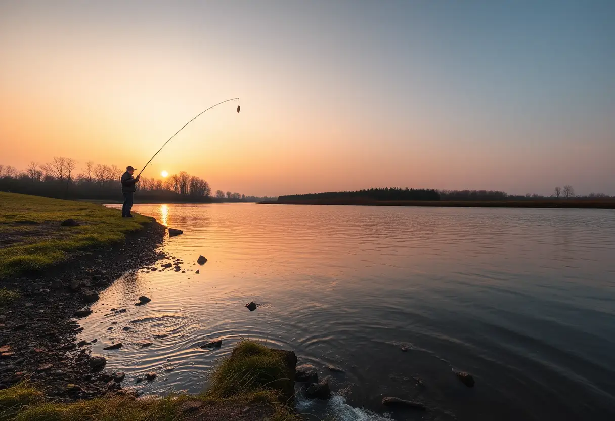 Un pêcheur isolé sur la rive d'une rivière avec une carpe à la ligne, sous le crépuscule orangé