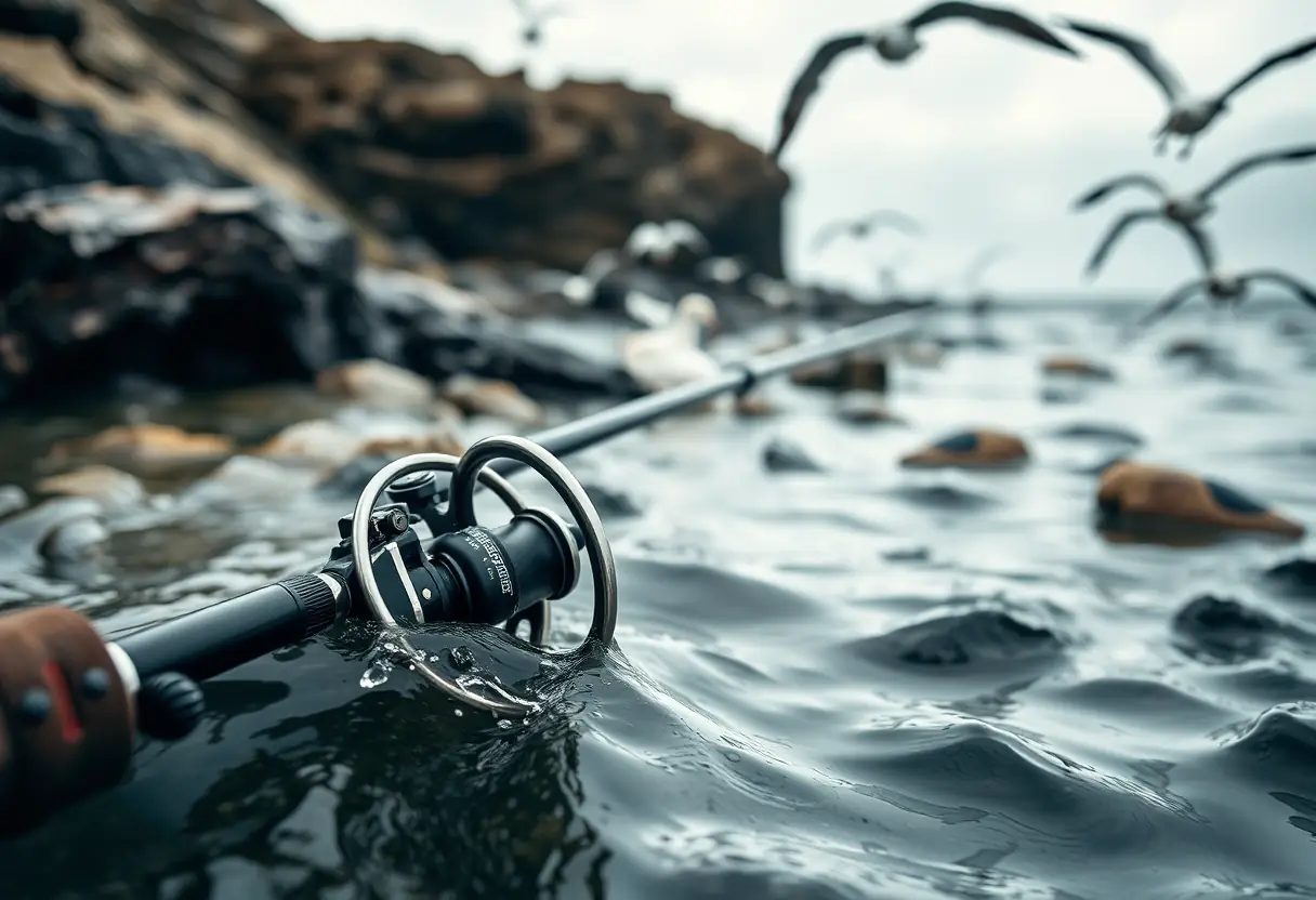 Un moulinet sur une canne de pêche partiellement immergé dans un lieu côtier rocheux