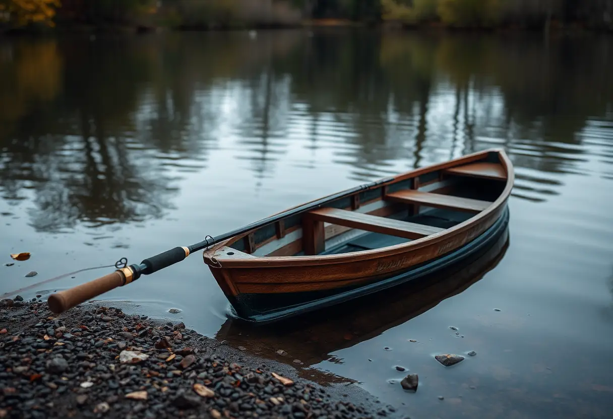 Une canne à pêche repose près d'un étang paisible, un petit bateau en bois est à moitié rempli d'eau