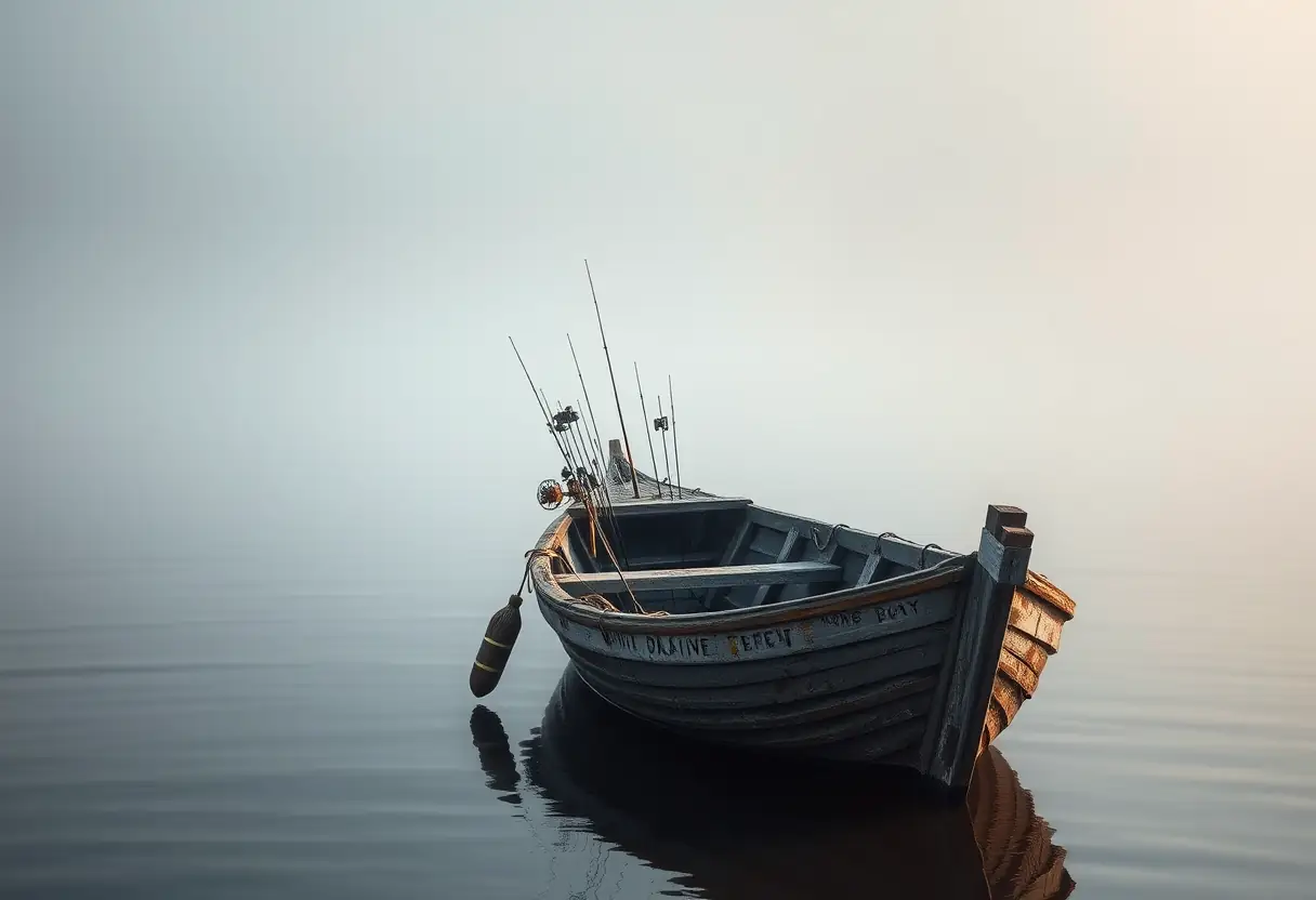 Un bateau de pêche en bois se balance doucement dans une baie calme, prêt à être utilisé pour la pêche en mer