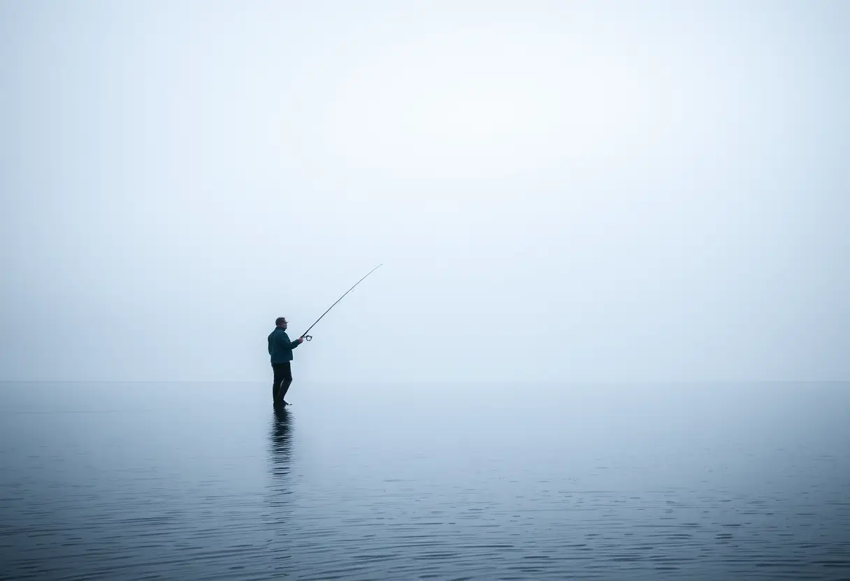 Un pêcheur lance sa ligne dans un lac voilé par la brume et la pluie légère