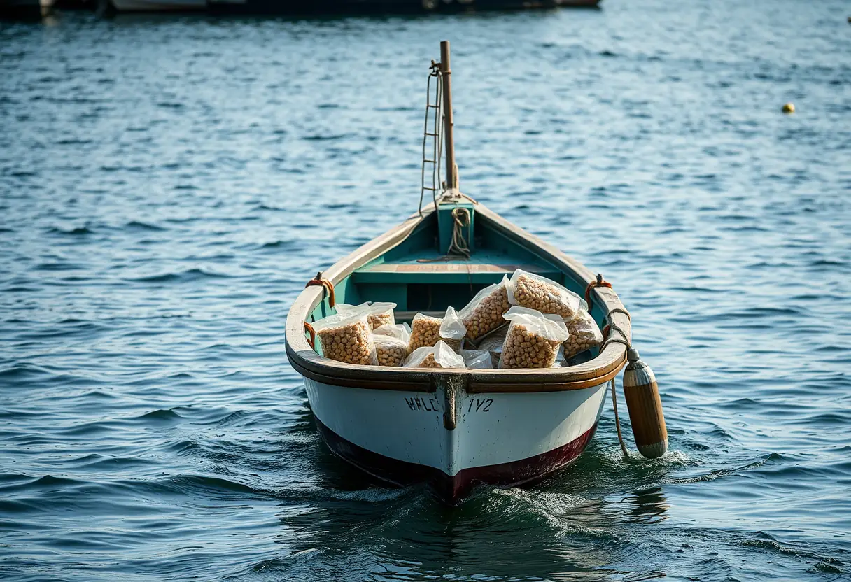 Un bateau de pêche ancré dans un abri avec des conteneurs de granulés à bord, lumière naturelle