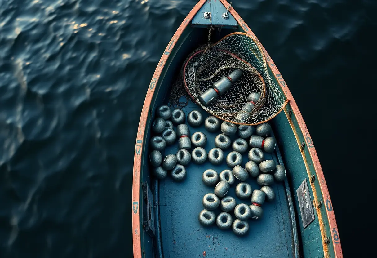 Un plan vertical montrant des poids en plomb disposés sur le pont d'une barque de pêche sur un lac calme.