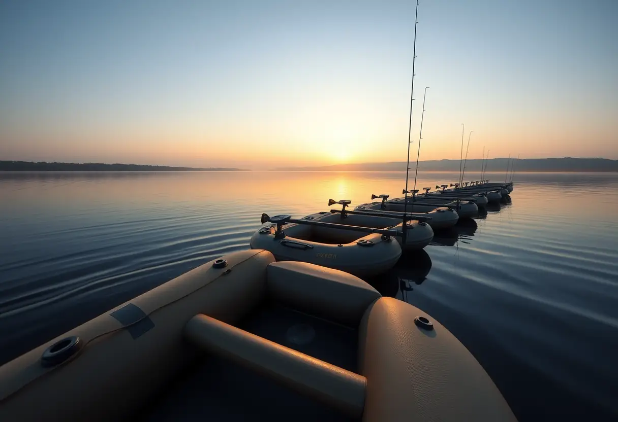 Vue panoramique d'un lac au lever du soleil avec des float tubes équipés de porte-cannes