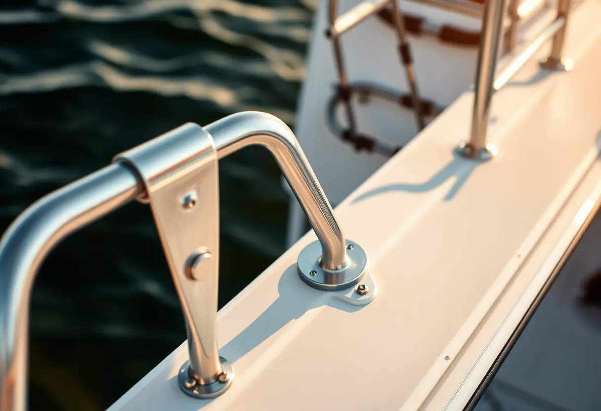 Une barre en aluminium s'insère dans son support sur un bateau de pêche prêt à partir.