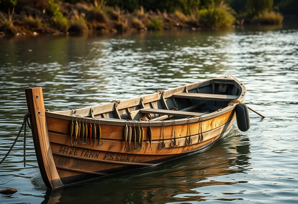 Un canot de bois flottant doucement sur une rivière avec des leurres qui sèchent à ses côtés, guide complet Rapala