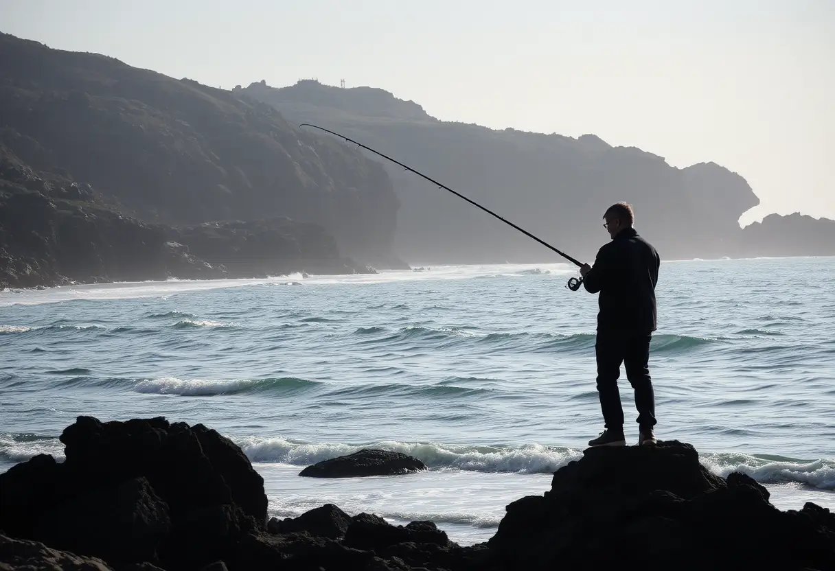 Main: Une silhouette de pêcheur sur un promontoire rocheux