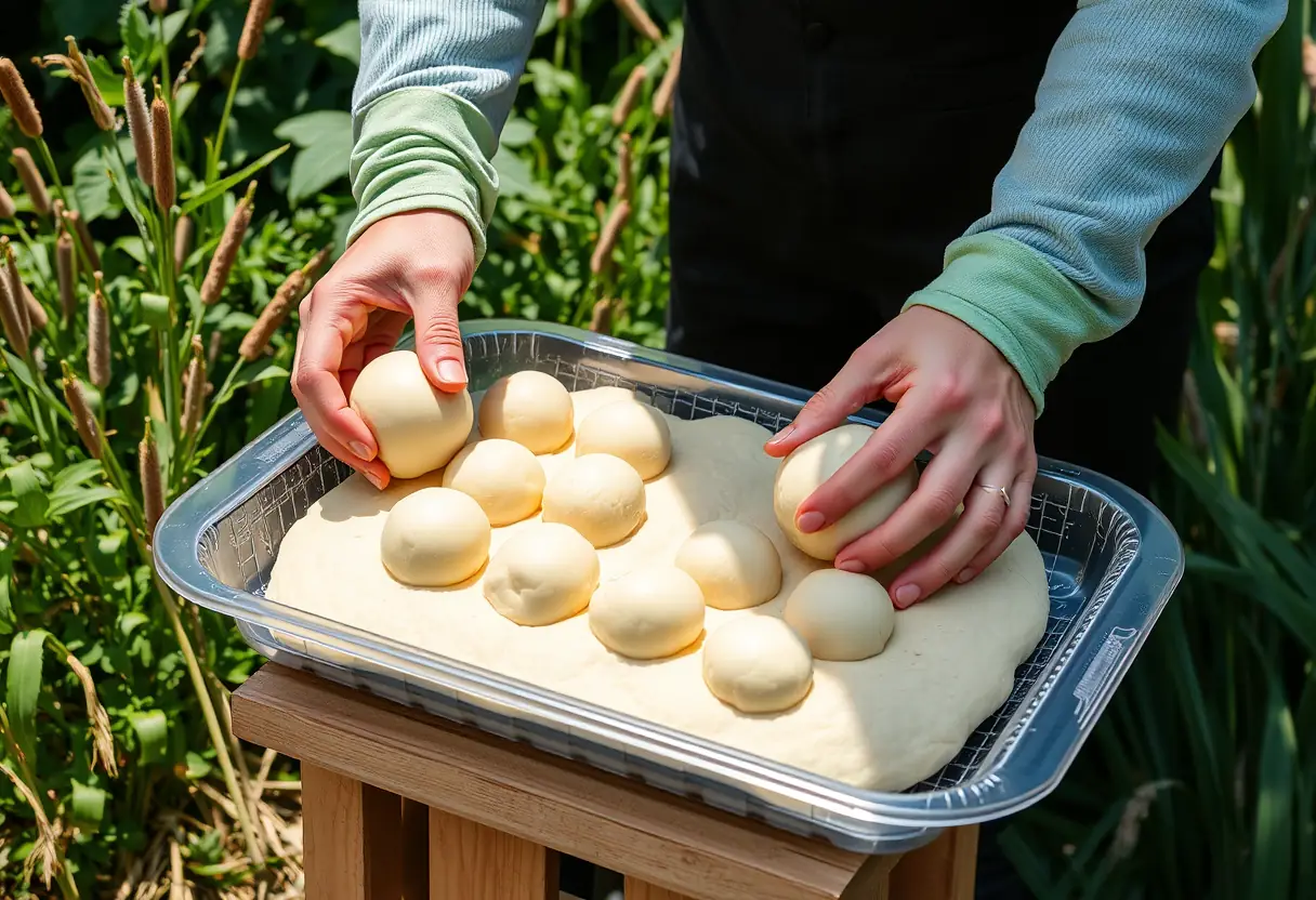 Des mains façonnent des bouillettes de pâte sur une table en plastique