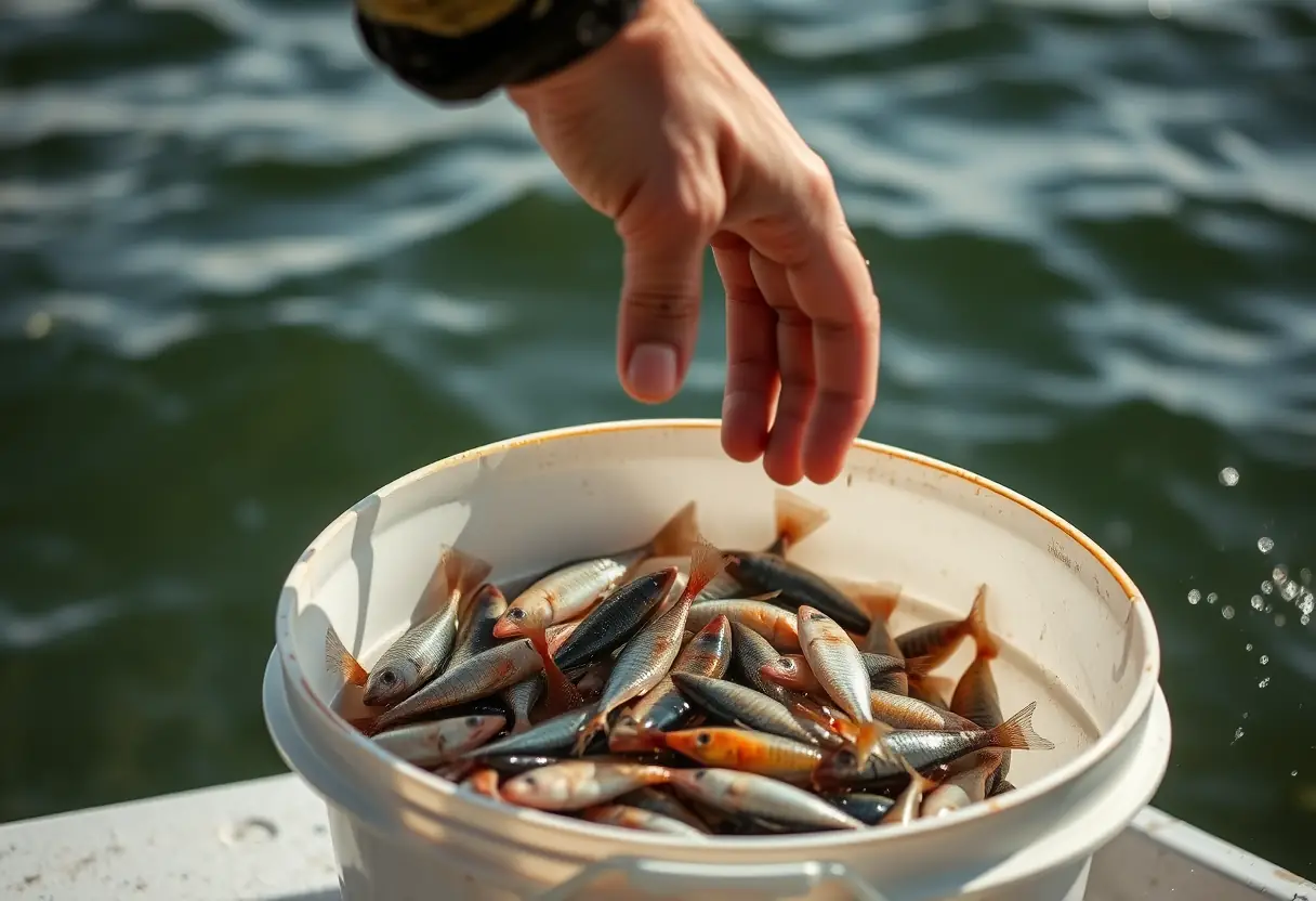 Une main de pêcheur plonge dans un seau contenant des poissons vivants pour la pêche