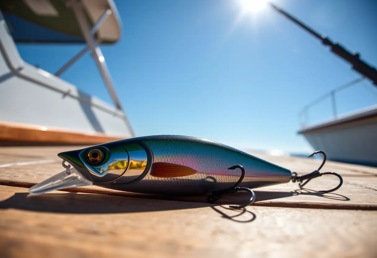 Un leurre en plastique dur en forme de poisson posé sur un pont en bois d'un bateau de pêche sous un ciel bleu clair, avec l'ombre du leurre qui s'étend.