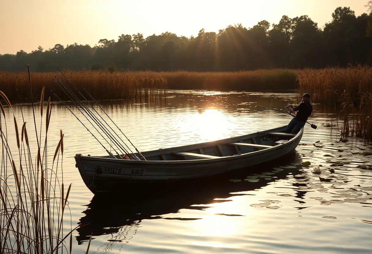 Un bateau en bois au milieu d'un lac avec un pêcheur qui caste depuis la poupe