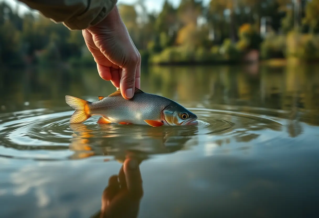 Une main de pêcheur libère délicatement un poisson dans un lac calme