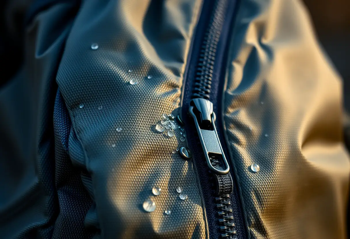 Un zip étanche sur un sac à dos de pêche de qualité professionnelle, reflétant la rosée du matin.