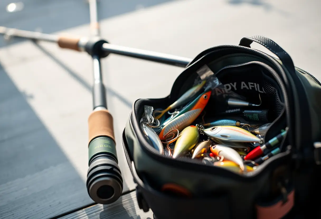 Une canne à pêche repose près d'un sac de pêche bien fourni avec des leurres et des hameçons
