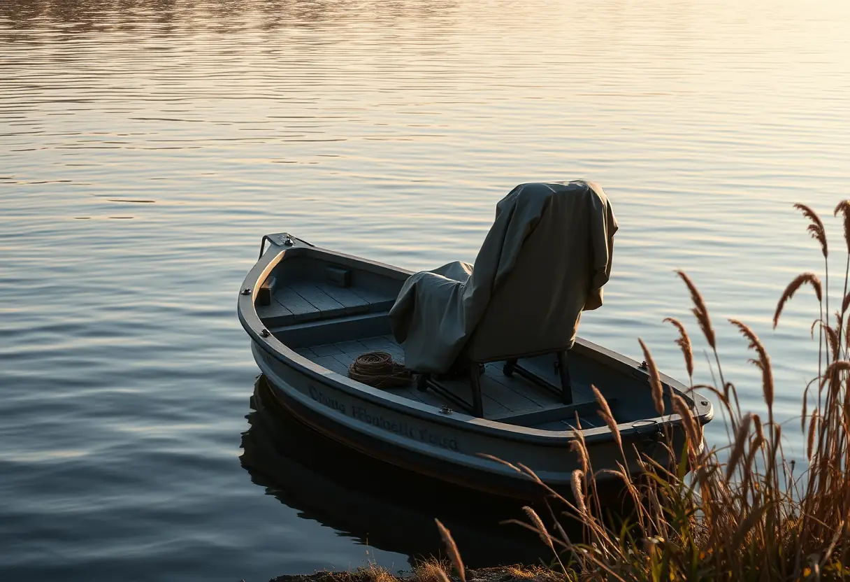 Canot avec chaise de pêche enveloppée d'une bâche étanche sur un lac calme, magazine de pêche