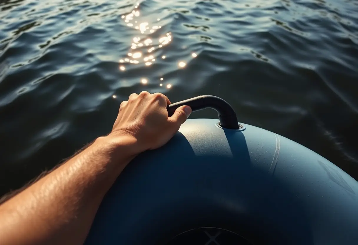 Une main tient la poignée d'un float tube qui navigue sur des eaux calmes