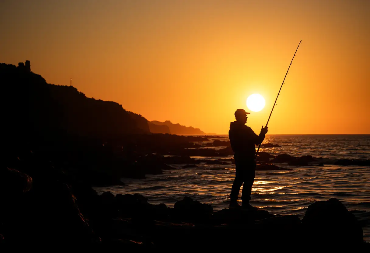 Le profil d'un pêcheur sur un promontoire rocheux, scrutant l'horizon au crépuscule