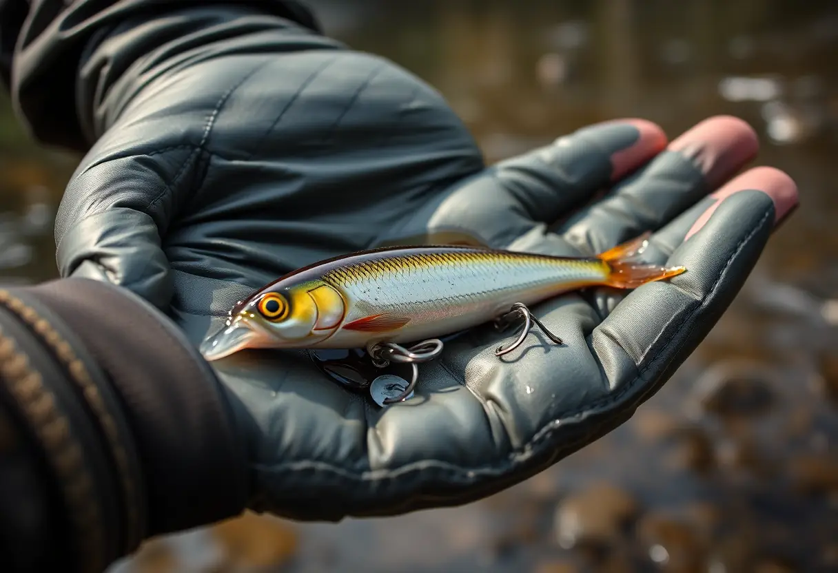Une mouche humide et étincelante posée dans la paume d'une main gantée près de la rive